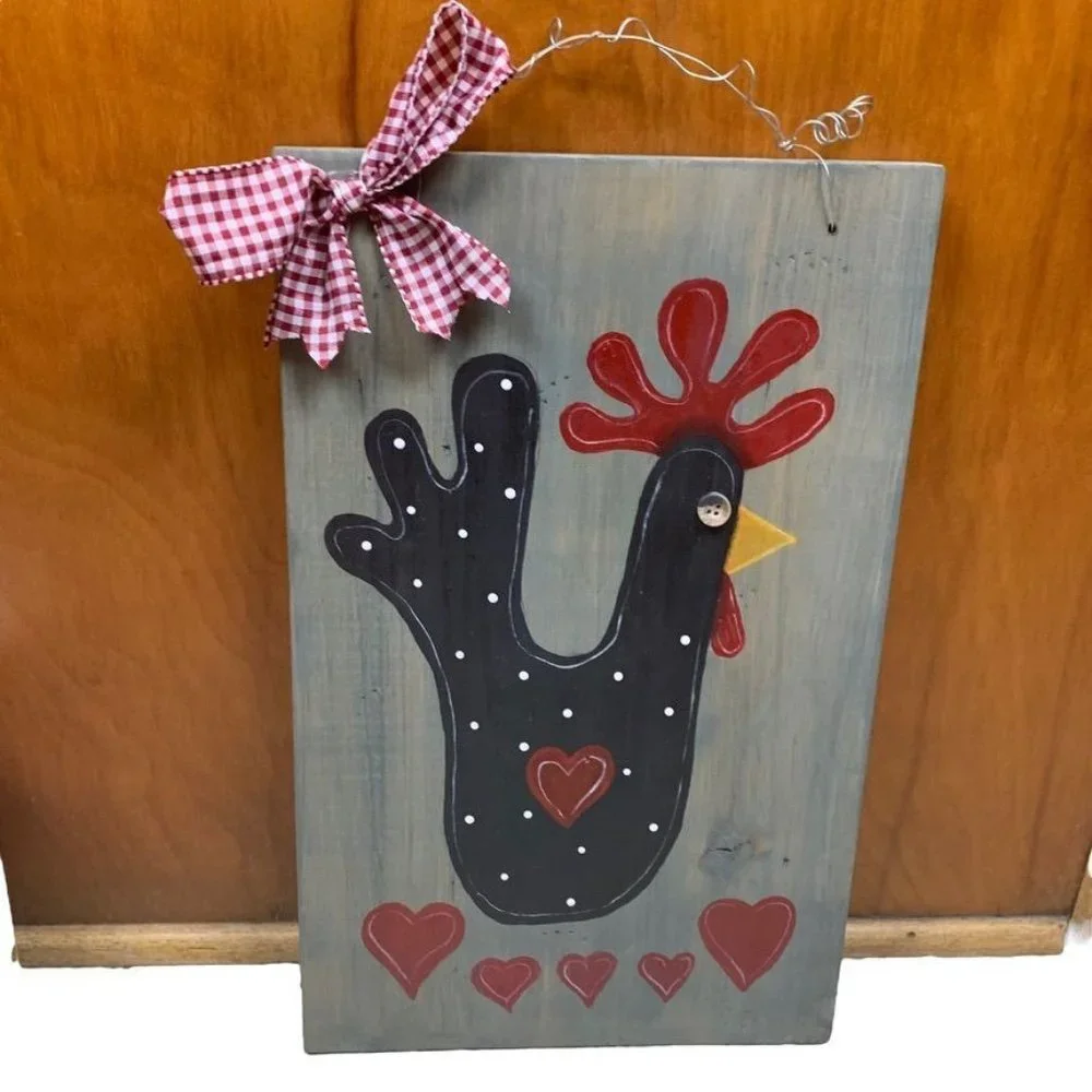 Handpainted Chicken Wall‎ Hanging Polka Dot Hearts Farmhouse Country Bow Gingham